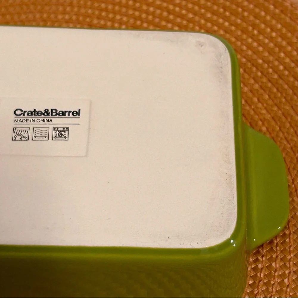 Crate & Barrel Avery Ceramic Baking Dish Green With White Interior & Handles